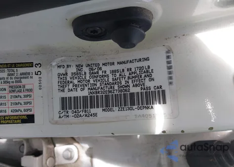 2006 Toyota Corolla Le из США, поврежденный, VIN 1NXBR32E96Z738062